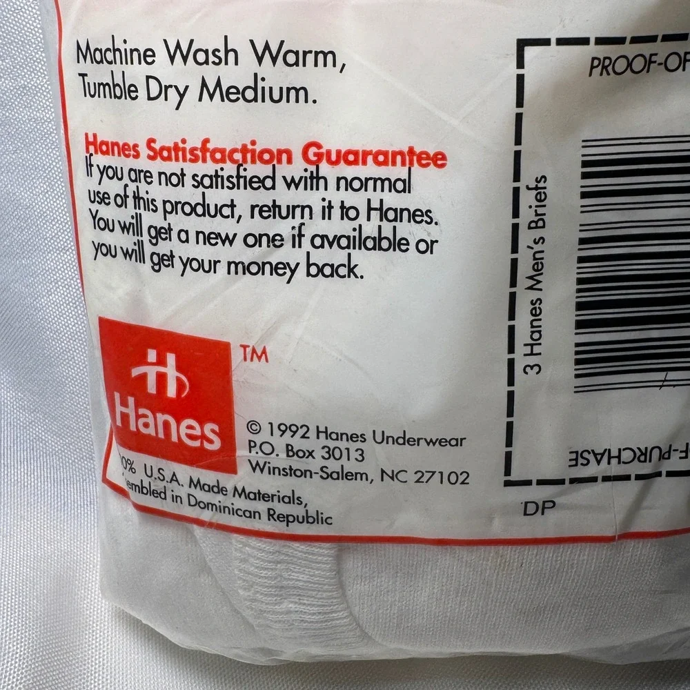 Vintage 1992 Hanes Mens Briefs 3 Pack White 100% Cotton Size 38 Deadstock NOS